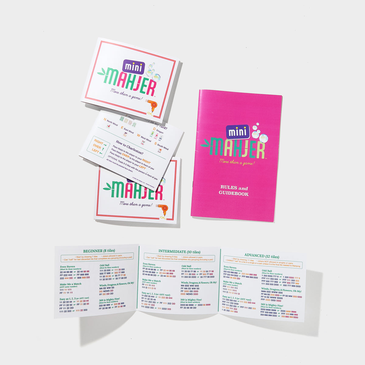 Mini Mahjer Mahjong cards and instructional guide included in the Bubbles & Bows Edition Complete Travel Bundle