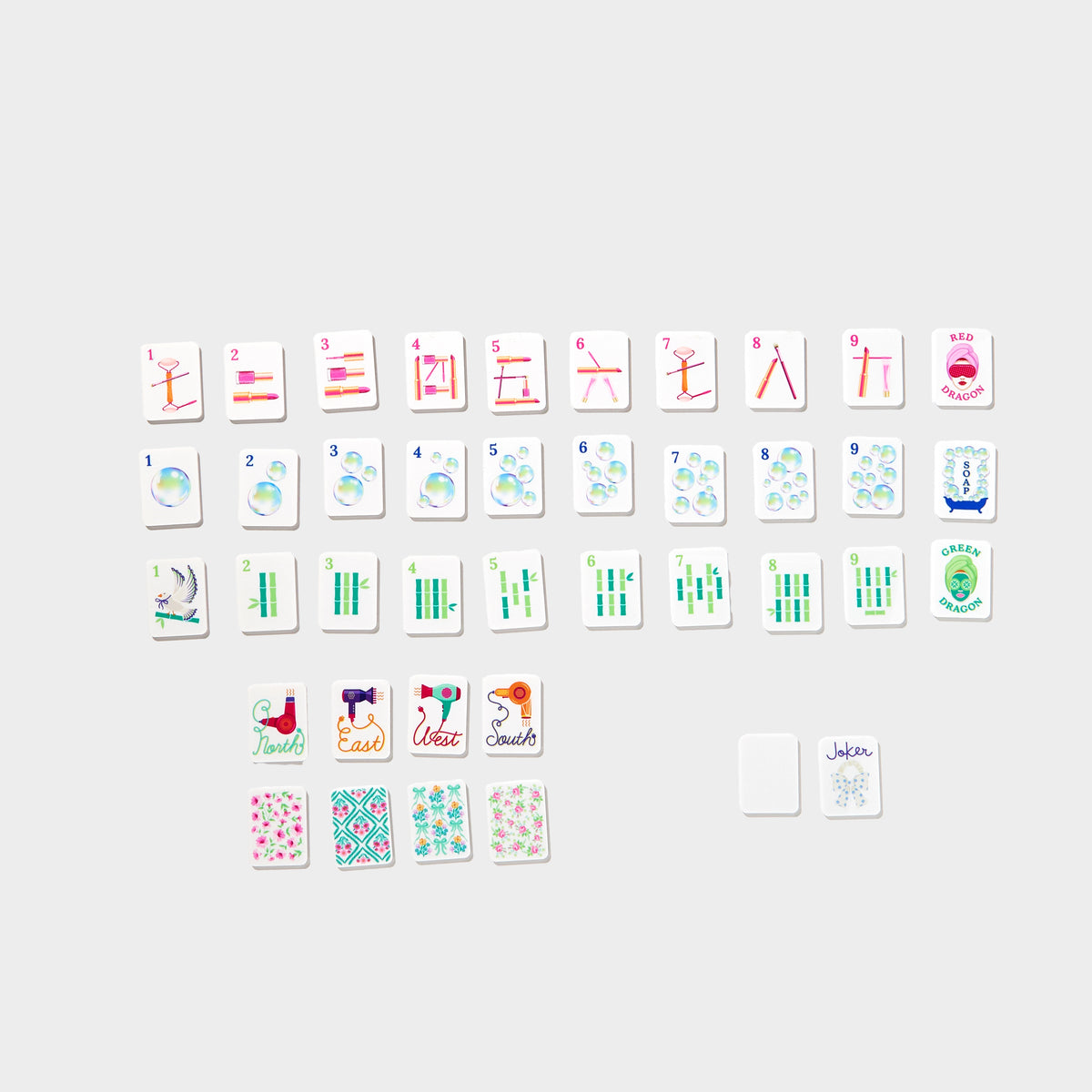 Mini Mahjer Bubbles & Bows Edition American Mahjong tile set with 160 colorful tiles