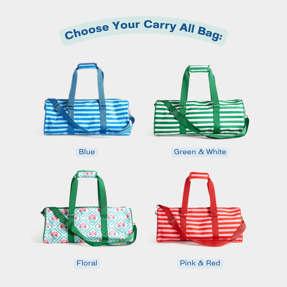 Mini Mahjer Carry All Bag options in Blue, Green & White, Floral, and Pink & Red
