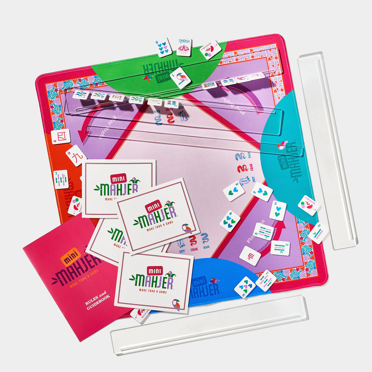 Mini Mahjer Rackin' Rosie Edition complete Mahjong game set with tiles, mat, travel racks, cards, and instructional guide