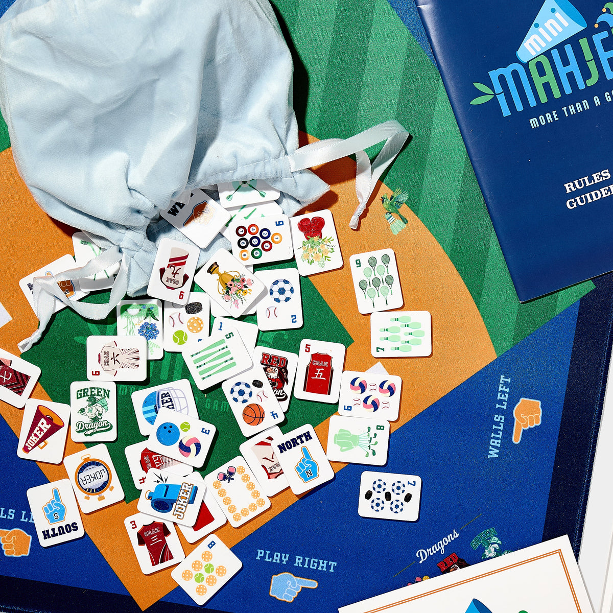Mini Mahjer Rookie Edition Mahjong tiles, neoprene mat, travel racks, tile bag, and Mini Mahjer cards