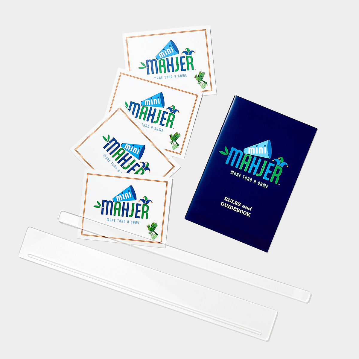 Mini Mahjer Mahjong cards, instructional guide and acrylic travel racks included in the Rookie Edition Complete Travel Bundle