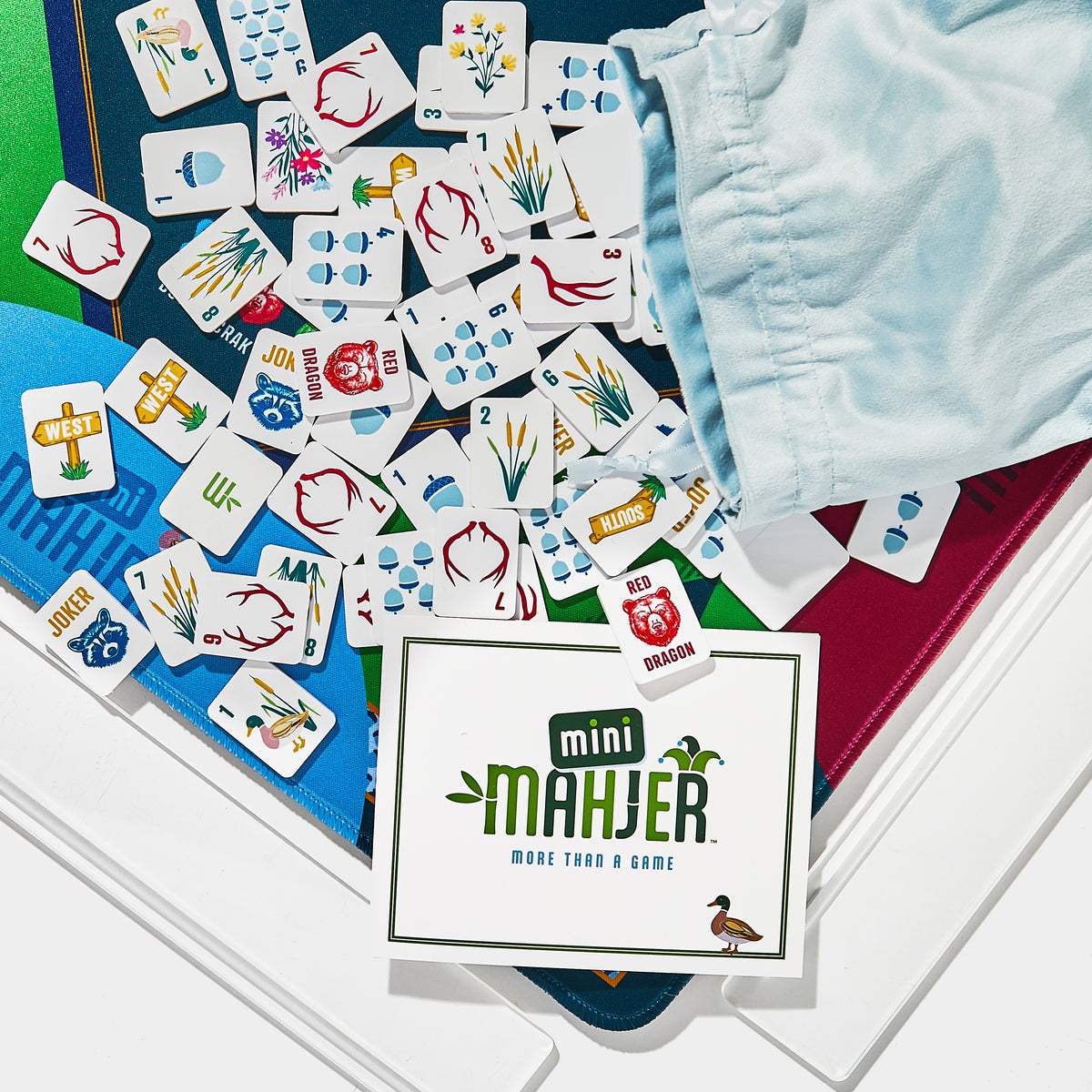 Mini Mahjer Woodlands Edition Mahjong tiles, neoprene mat, travel racks, tile bag, and Mini Mahjer cards