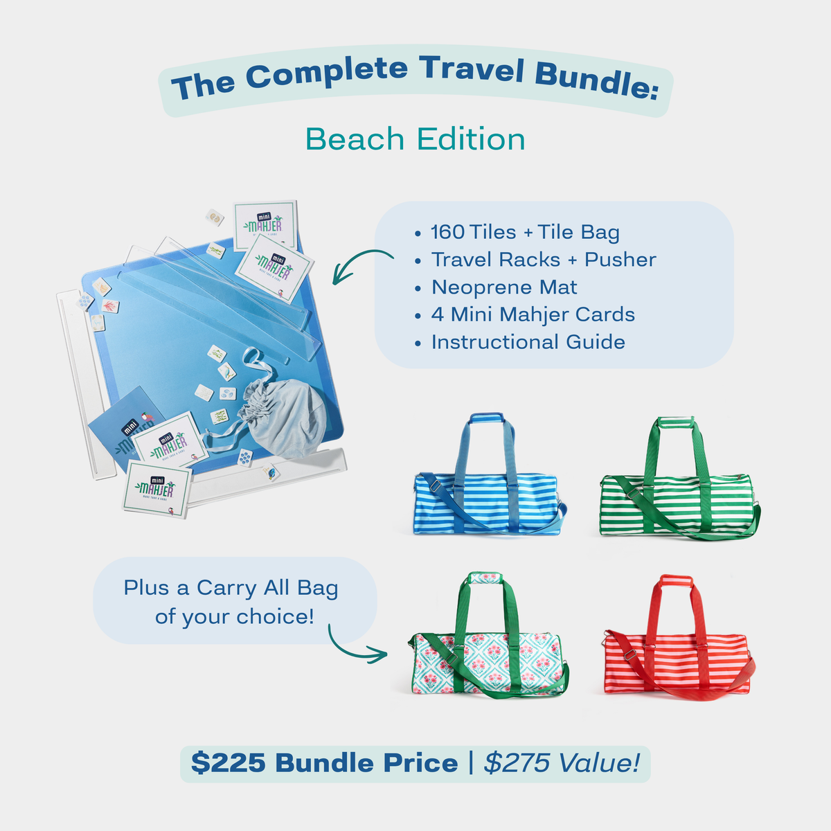 Mini Mahjer Complete Travel Bundle: Beach Edition with Mahjong game set and Carry All Bag color options