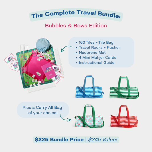 Mini Mahjer Complete Travel Bundle: Bubbles & Bows Edition with Mahjong game set and Carry All Bag color options