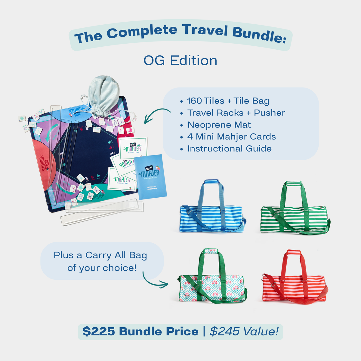 Mini Mahjer Complete Travel Bundle: OG Edition with Mahjong game set and Carry All Bag color options