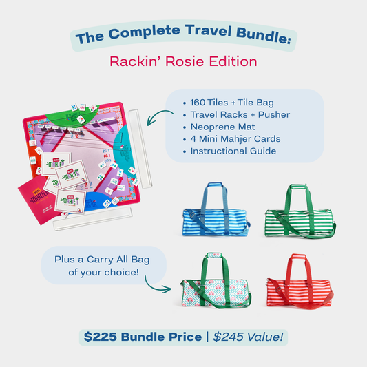 Mini Mahjer Complete Travel Bundle: Rackin' Rosie Edition with Mahjong game set and Carry All Bag color options