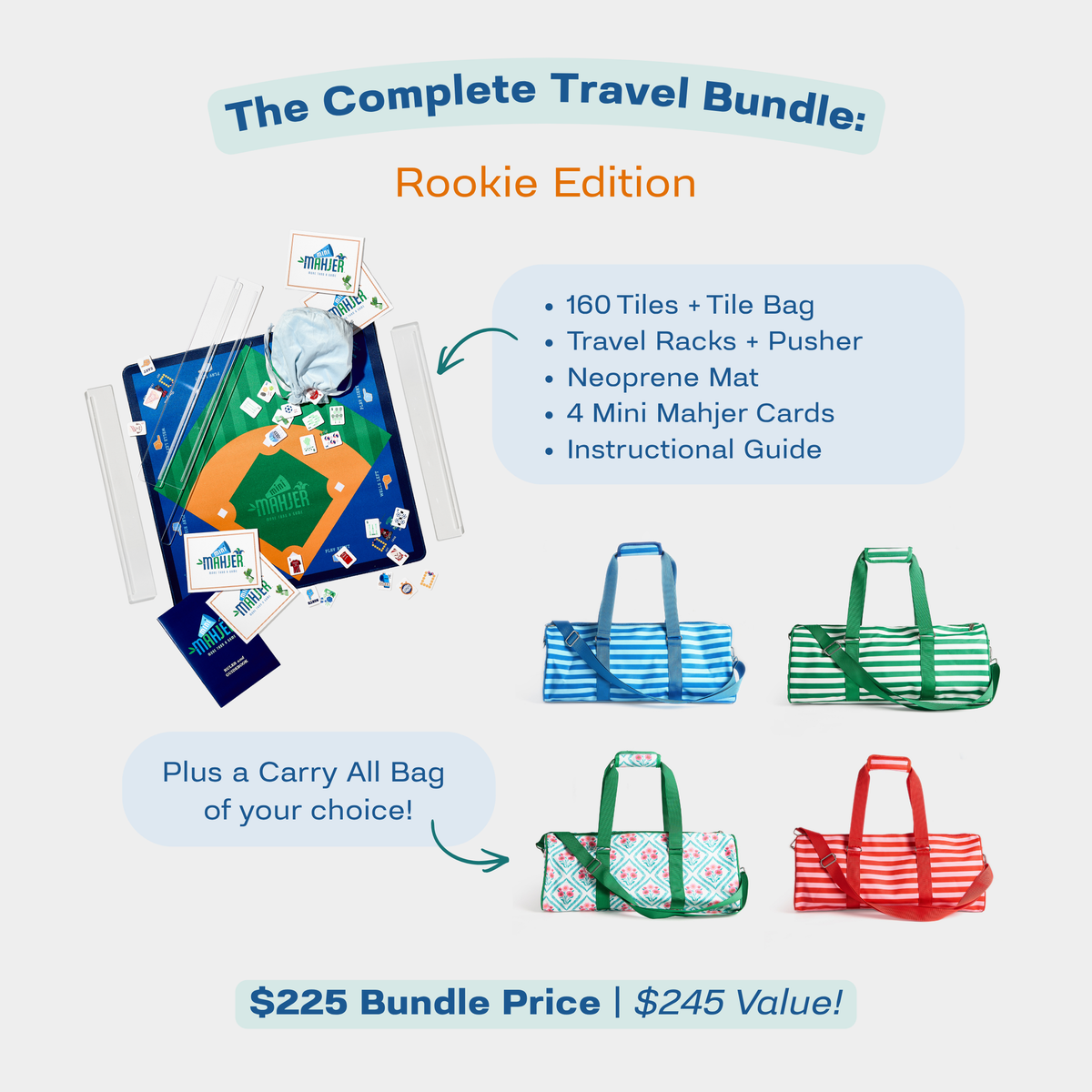 Mini Mahjer Complete Travel Bundle: Rookie Edition with Mahjong game set and Carry All Bag color options