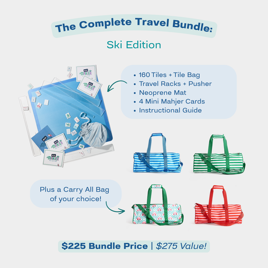 Mini Mahjer Complete Travel Bundle: Ski Edition with Mahjong game set and Carry All Bag color options