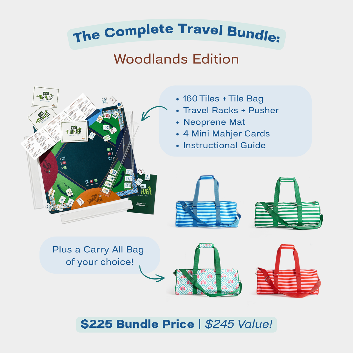 Mini Mahjer Complete Travel Bundle: Woodlands Edition with Mahjong game set and Carry All Bag color options